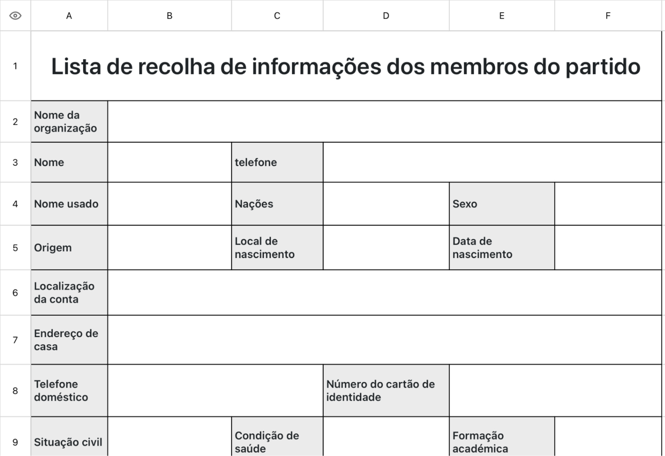 Lista de recolha de informações dos membros do partido